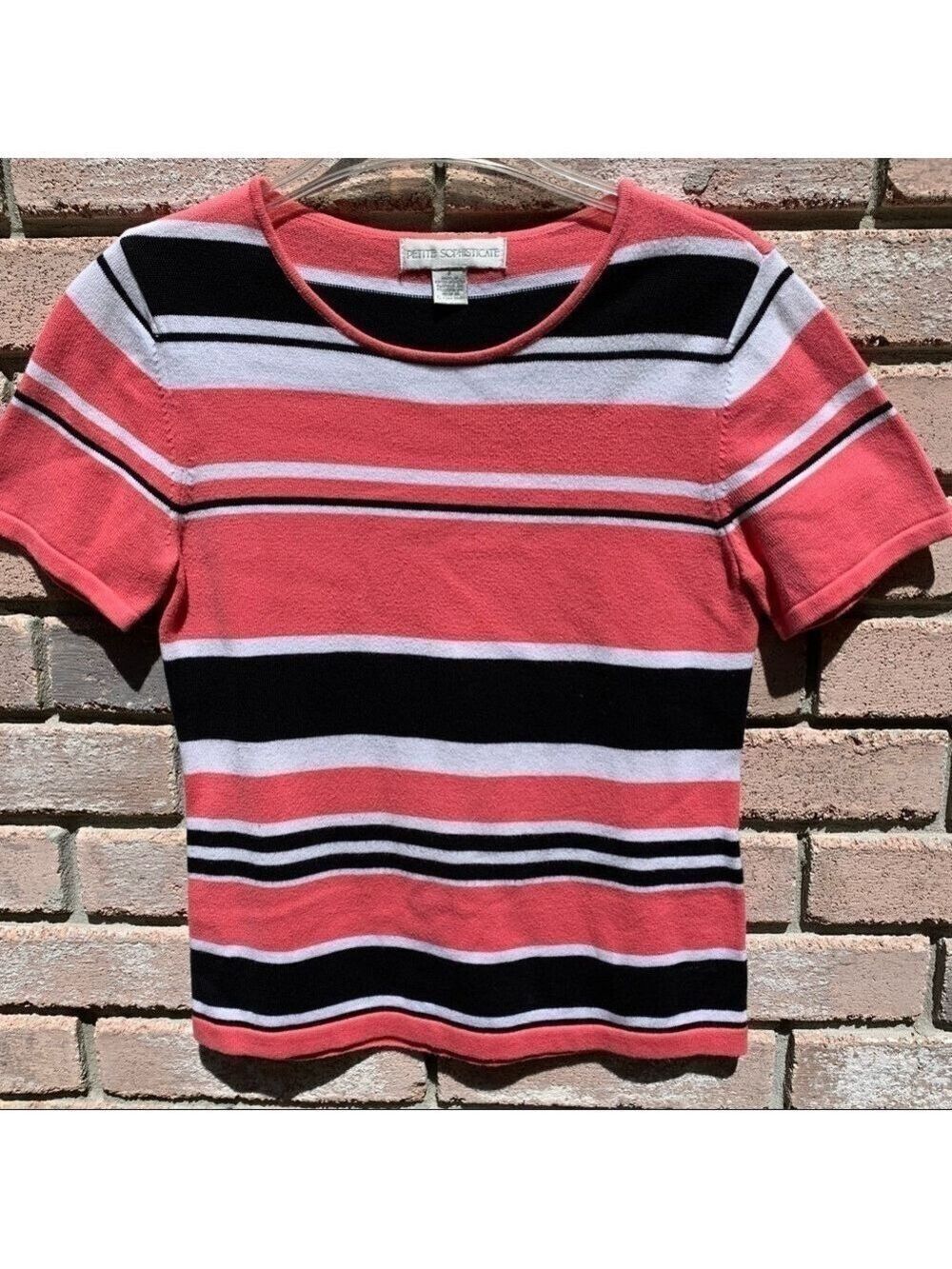 Petite Sophisticate Coral Striped Short Sleeve Knit Top